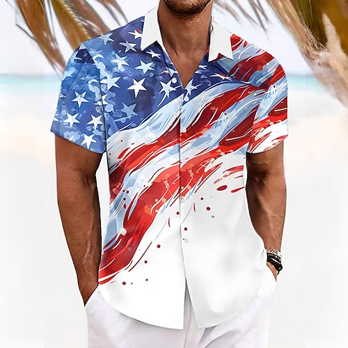 

American / USA National Flag Resort Style Men's Anniversary Outdoor Causal Summer Turndown Short Sleeves White Blue S M L Shirt