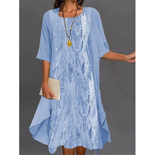 

Women's Dress Set Chiffon Dress Wedding Guest Cocktail Party Formal Print Midi Dress Crew Neck Half Sleeve Floral Loose Fit Summer