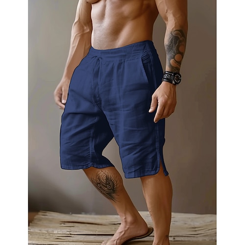 

Herren Shorts Kurze Hosen Leinenshorts Kurze Hosen Sommer-Shorts Gespleisst Vordertasche Gerade geschnitten Glatt Komfort Atmungsaktiv Knielänge Party Outdoor Casual Modisch Basic Schwarz Weiß