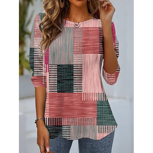 

Women's Going Out Tops Geometric Plaid Patchwork Print Party Daily Vacation Vintage Stylish Casual Long Sleeve Round Neck Grass Green All Seasons