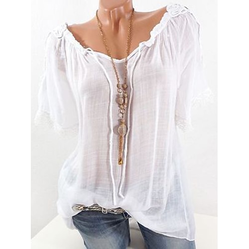 

Shirt Blouse Women's White Wine Green Plain Lace up Lace Street Daily Fashion Off Shoulder Regular Fit S