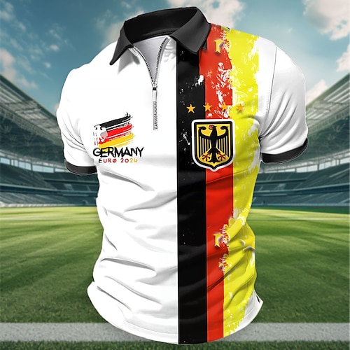 

Football Germany Men's Sportswear 3D Print Zip Polo Street Daily Holiday Polyester Short Sleeve Turndown Polo Shirts White Spring & Summer S M L Micro-elastic Lapel Polo