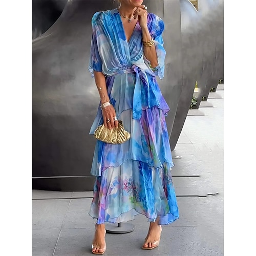 

Women's Floral Ruffle Layered V Neck Long Dress Maxi Dress Elegant Formal Date Half Sleeve Summer