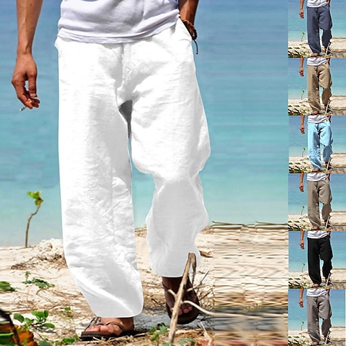 

Men's Linen Pants Trousers Summer Pants Beach Pants Elastic Waist Wide Leg Straight Leg Plain Breathable Soft Yoga Casual Daily 100% Cotton Fashion Streetwear Loose Fit Black White