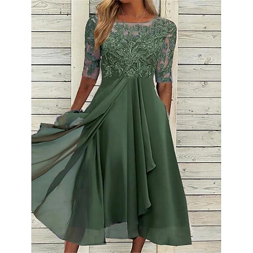 

Women's Lace Dress Maxi Dress Lace Work Cocktail Party Elegant Formal Crew Neck Half Sleeve Blue Dark Green Purple Color