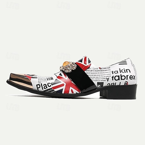  Men's Premium Cowhide Leather Punk Style Loafers - Union Jack and Newspaper Print Slip-On Shoes with Decorative Buckle and Gold Metal Toe Cap