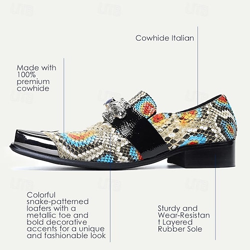  Men's Premium Cowhide Leather Exotic Pattern Loafers - Stylish Slip-On Dress Shoes with Decorative Buckle and Metal Toe Cap