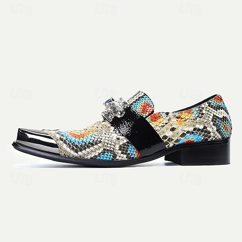  Men's Premium Cowhide Leather Exotic Pattern Loafers - Stylish Slip-On Dress Shoes with Decorative Buckle and Metal Toe Cap