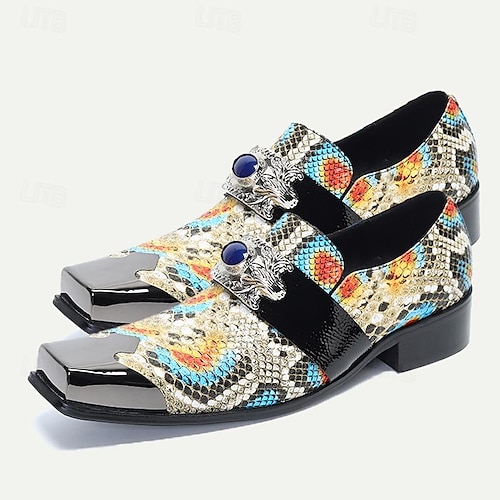  Men's Premium Cowhide Leather Exotic Pattern Loafers - Stylish Slip-On Dress Shoes with Decorative Buckle and Metal Toe Cap