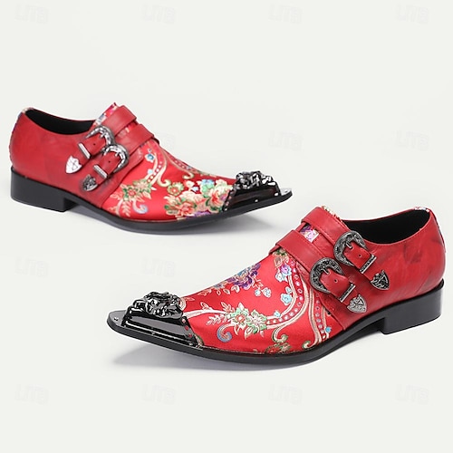  Monkstrap-Schuhe aus hochwertigem Rindsleder im Punk-Stil für Herren – Slipper mit roter Blumenstickerei und Doppelschnalle und Zehenkappe aus Metall