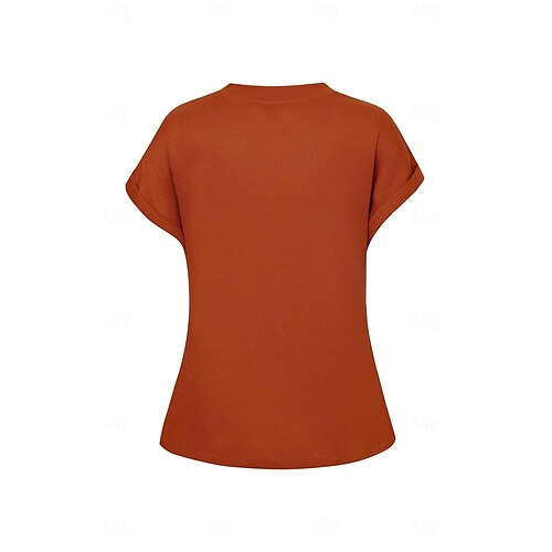  Damen Strickoberteil mit V-Ausschnitt, kurze Ärmel, elastisch, weich, gebranntes Orange, lässig, lockere Passform, vielseitige Frühlings- und Herbstkleidung