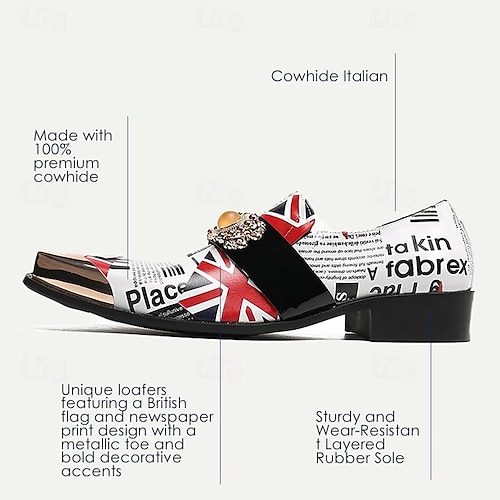  Men's Premium Cowhide Leather Punk Style Loafers - Union Jack and Newspaper Print Slip-On Shoes with Decorative Buckle and Gold Metal Toe Cap
