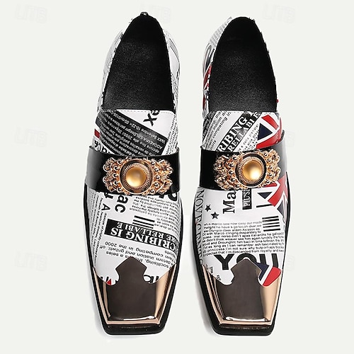  Men's Premium Cowhide Leather Punk Style Loafers - Union Jack and Newspaper Print Slip-On Shoes with Decorative Buckle and Gold Metal Toe Cap