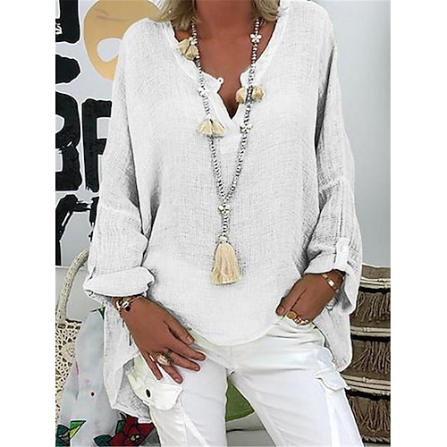 Per donna Camicia Blusa Camicie di cotone e lino Tinta unita Essenziale Manica Lunga Scollo a V Top lunghi Casuale Quotidiano Nero Bianco Rosa Verde militare Blu Estate Primavera