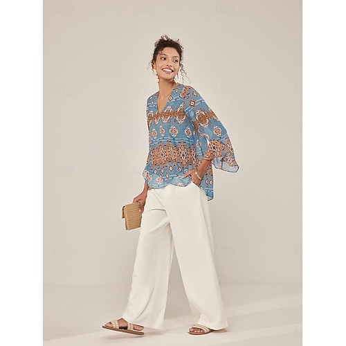 Per donna Blusa Grafico Elegante Manica 3/4 Manica a Campana Scollo a V Top Regolari Lavoro Volant Blu Estate Primavera Autunno