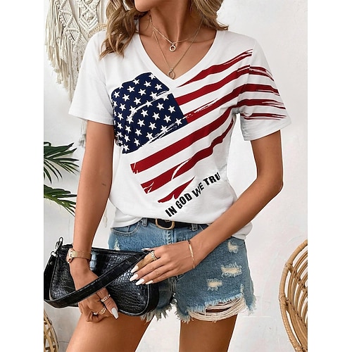  Independence Day Women's Patriotic Fourth of July T Shirt Casual American Flag Red White And Blue Short Sleeve Regular Tops V Neck Daily White Summer