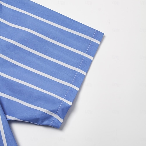  Herren Hemd Schwarz Blau Kurzarm Gestreift Vertikale Streifen Umlegekragen Outdoor Lässig Knöpfe Bekleidung 100% Baumwolle Urlaub Täglich