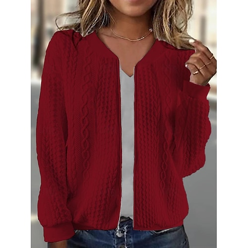  Dame Teksturert genser Gensere Zip Up sweatshirts عادي Gatemote Fritid Langermet Crew-hals Vanlige topper Gate Ferie Lomme Svart Hvit Rosa Rød Lilla Høst Vinter