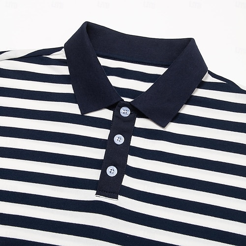  Herr Polo Stickad Polo Företag Ledigt Kavajslag Kortärmad Modern Formell Randig Horisontella Strips Knappar Sommar Marinblå Polo