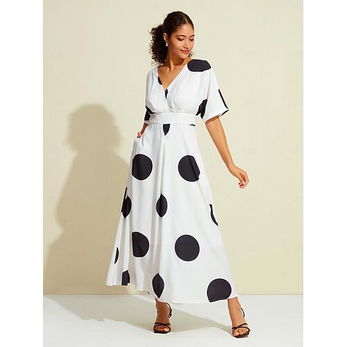  Damen Saum Maxi Satin-Maxi Maxidress Weiß Halbe Ärmel Punkt Raffhalter Versteckte Bundtasche Sommer Frühling & Herbst V Ausschnitt Casual S M L