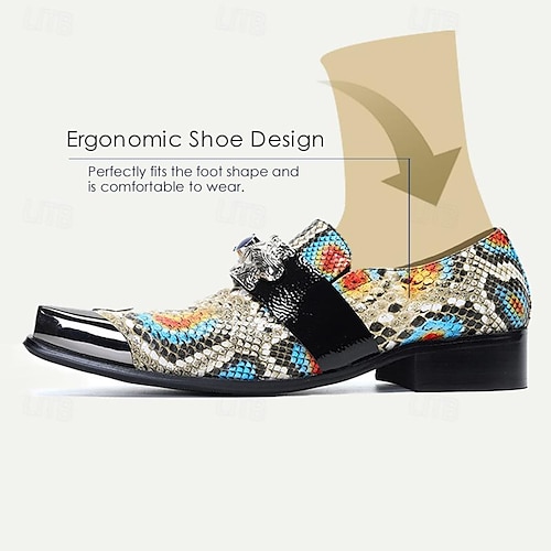  Men's Premium Cowhide Leather Exotic Pattern Loafers - Stylish Slip-On Dress Shoes with Decorative Buckle and Metal Toe Cap