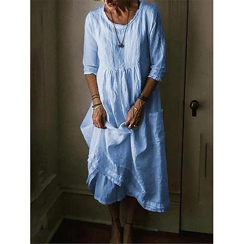 Femmes Noir Bleu Vert Été Printemps Robe Midi Robes inspirées du lin Robe Décontractée Robe en coton et lin Basique Moderne Quotidien Week-end Coupe Ample Uni Col ras du cou