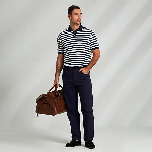  Herr Polo Stickad Polo Företag Ledigt Kavajslag Kortärmad Modern Formell Randig Horisontella Strips Knappar Sommar Marinblå Polo