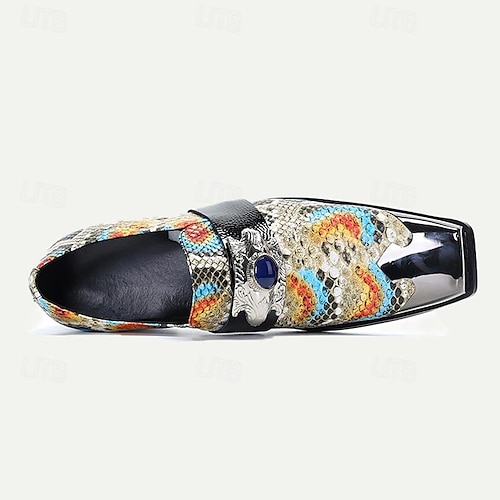  Men's Premium Cowhide Leather Exotic Pattern Loafers - Stylish Slip-On Dress Shoes with Decorative Buckle and Metal Toe Cap