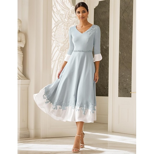 Robe de Mère de la Mariée A-Line pour Mariage de Plage Invité à l'Église Élégante Col en V Longueur Thé Tissu Élastique Manches Mi-Longues avec Appliqués taille personnalisée gratuite