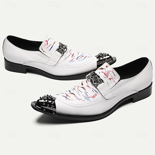  Men's Premium Cowhide Leather Punk Style Loafers - Artistic Print Slip-On Shoes with Decorative Buckle and Spiked Metal Toe Cap