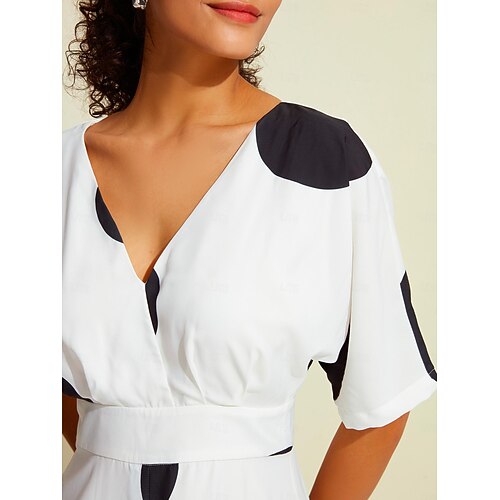  Damen Saum Maxi Satin-Maxi Maxidress Weiß Halbe Ärmel Punkt Raffhalter Versteckte Bundtasche Sommer Frühling & Herbst V Ausschnitt Casual S M L