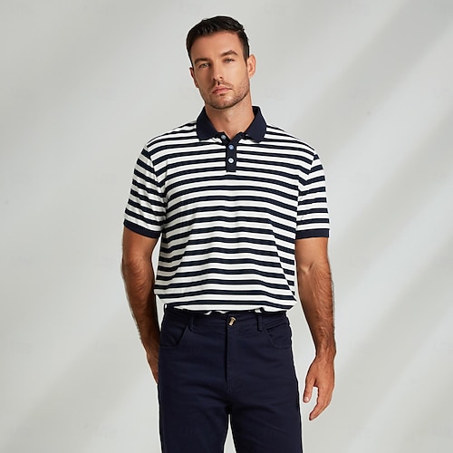  Herr Polo Stickad Polo Företag Ledigt Kavajslag Kortärmad Modern Formell Randig Horisontella Strips Knappar Sommar Marinblå Polo