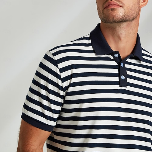  Herr Polo Stickad Polo Företag Ledigt Kavajslag Kortärmad Modern Formell Randig Horisontella Strips Knappar Sommar Marinblå Polo