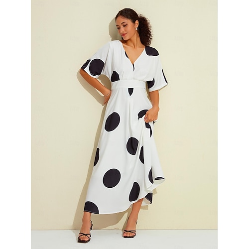  Damen Saum Maxi Satin-Maxi Maxidress Weiß Halbe Ärmel Punkt Raffhalter Versteckte Bundtasche Sommer Frühling & Herbst V Ausschnitt Casual S M L