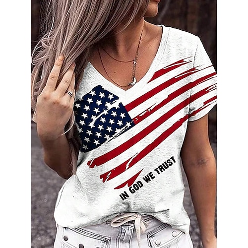  Independence Day Women's Patriotic Fourth of July T Shirt Casual American Flag Red White And Blue Short Sleeve Regular Tops V Neck Daily White Summer
