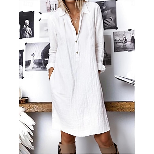 Femme Blanche Jaune bleu marine Eté Printemps Robe mi-longue robe blanche Robe chemise Robe en coton et lin basique Moderne du quotidien Fin de semaine Ample Plein Col de Chemise