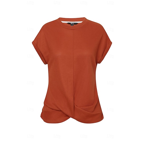  Damen Strickoberteil mit V-Ausschnitt, kurze Ärmel, elastisch, weich, gebranntes Orange, lässig, lockere Passform, vielseitige Frühlings- und Herbstkleidung