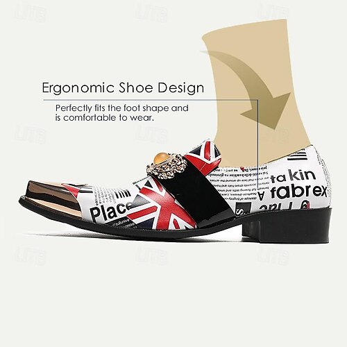  Men's Premium Cowhide Leather Punk Style Loafers - Union Jack and Newspaper Print Slip-On Shoes with Decorative Buckle and Gold Metal Toe Cap