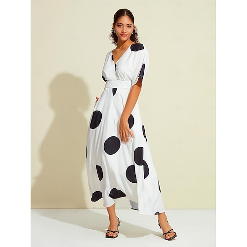  Damen Saum Maxi Satin-Maxi Maxidress Weiß Halbe Ärmel Punkt Raffhalter Versteckte Bundtasche Sommer Frühling & Herbst V Ausschnitt Casual S M L