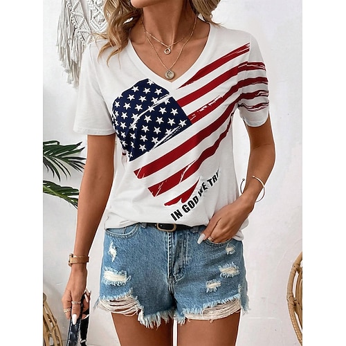  Independence Day Women's Patriotic Fourth of July T Shirt Casual American Flag Red White And Blue Short Sleeve Regular Tops V Neck Daily White Summer