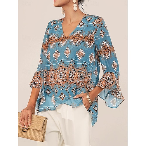  Per donna Blusa Grafico Elegante Manica 3/4 Manica a Campana Scollo a V Top Regolari Lavoro Volant Blu Estate Primavera Autunno