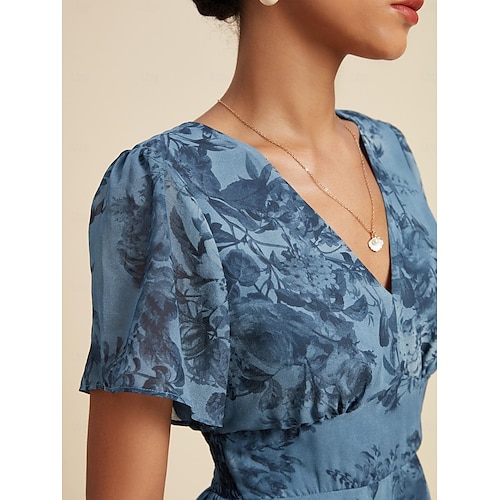  Navy Floral Chiffon Elastic Waist Dress