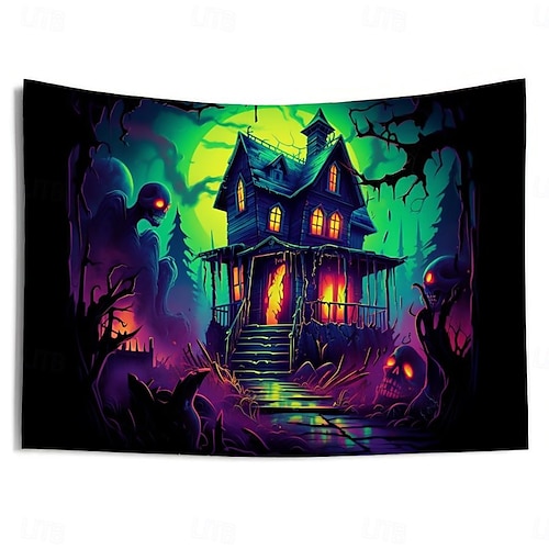  decorações de halloween casa caçada tapeçaria de luz negra uv reativa brilha no escuro cemitério enevoado tapeçaria pendurada arte de parede mural para sala de estar quarto