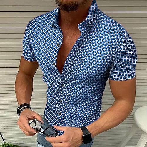  Voor heren Geometrisch patroon Raster Overhemd Korte mouw Ontwerper Strandstijl Casual Zomer Strijkijzer Afdrukken Zwart Wit Rood blauw Groen