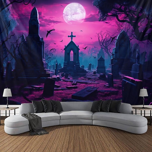  Halloween lebky černý světelný tapisérie UV reaktivní svítí ve tmě mlhavý hřbitov visící tapisérie nástěnné umění nástěnná malba do obývacího pokoje nebo ložnice