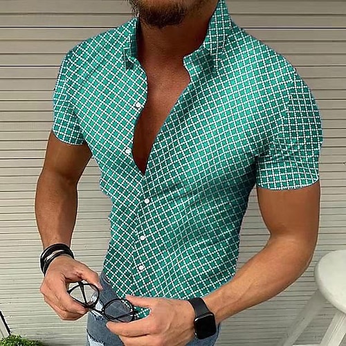  Voor heren Geometrisch patroon Raster Overhemd Korte mouw Ontwerper Strandstijl Casual Zomer Strijkijzer Afdrukken Zwart Wit Rood blauw Groen
