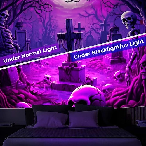 Halloween lebky černý světelný tapisérie UV reaktivní svítí ve tmě mlhavý hřbitov visící tapisérie nástěnné umění nástěnná malba do obývacího pokoje nebo ložnice