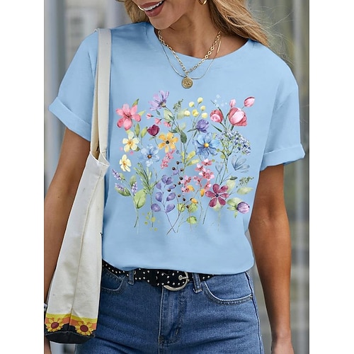Damen T Shirt Druck Blumen Basic Lässig Kurzarm Rundhalsausschnitt Normale Oberteile Täglich Blau Schwarz Weiß Purpur Sommer