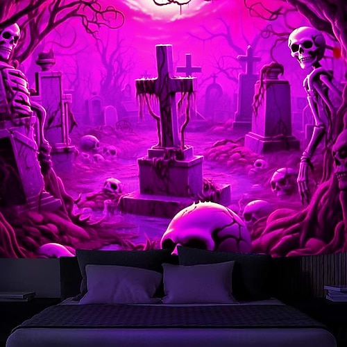  Halloween lebky černý světelný tapisérie UV reaktivní svítí ve tmě mlhavý hřbitov visící tapisérie nástěnné umění nástěnná malba do obývacího pokoje nebo ložnice