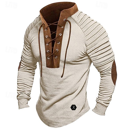 Miesten T-paita Pitkähihainen paita Pitkähihainen Pystykaulus 봄 & Syksy Väripalikka Ohut laskostettu Muoti Suunnittelija Perus Kurenauha Tilkkutäkki Loma Katu Bile Musta Ruskea Beesi Top T-paita